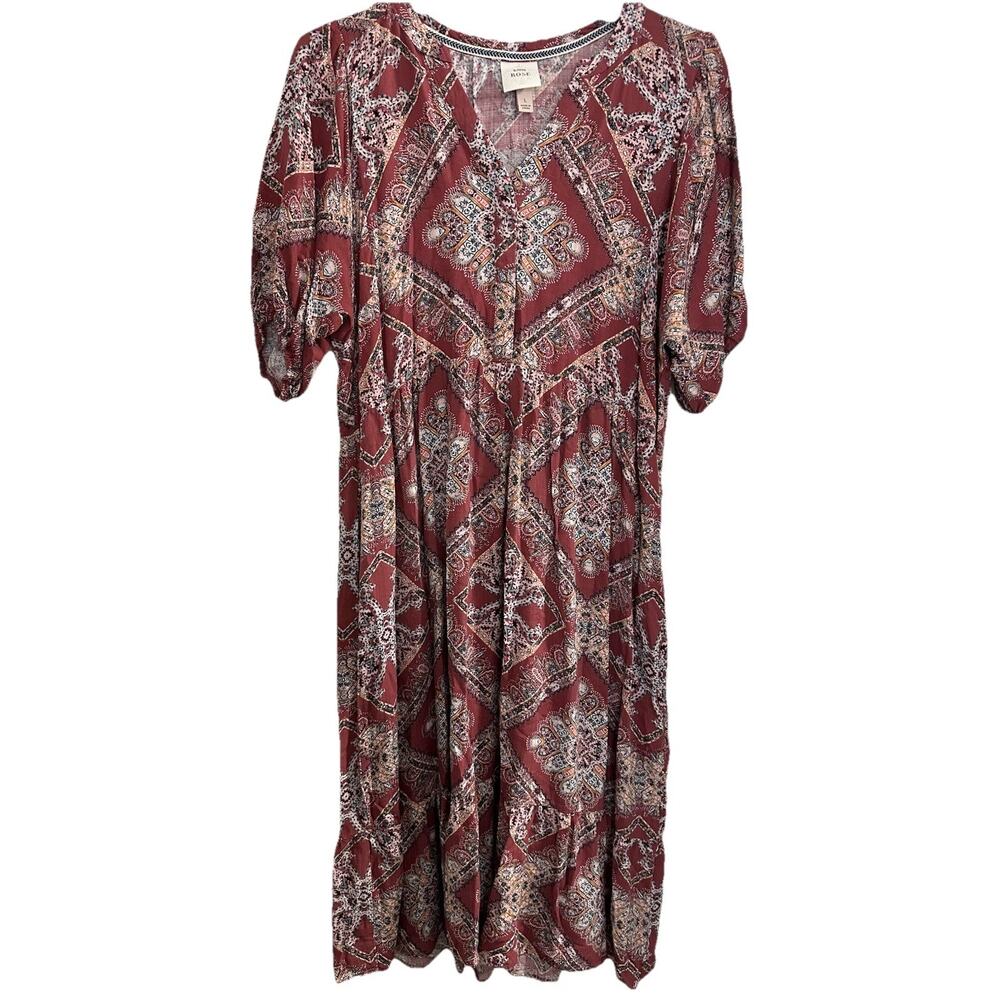 Knox Rose Women’s Peasant Dress Multicolor Floral Ruffle Boho Hi Lo Size Large